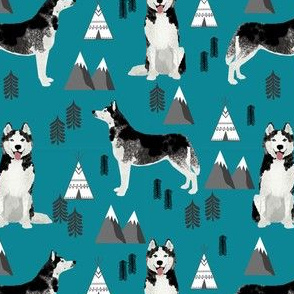 husky fabric siberian husky dog mountains teepee forest fabric - teal
