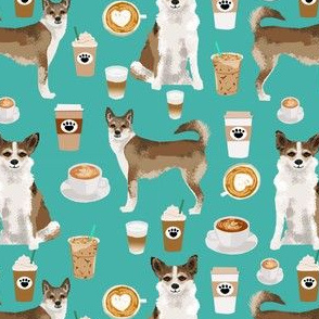 norwegian lundehund coffee fabric dogs and coffees dog fabric - turquoise
