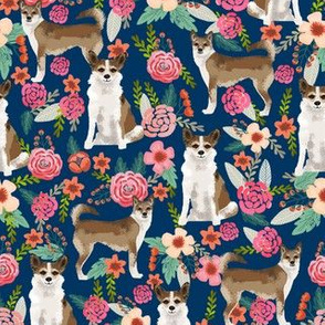 norwegian lundehund florals fabric dogs and flowers design dog breeds fabric - navy