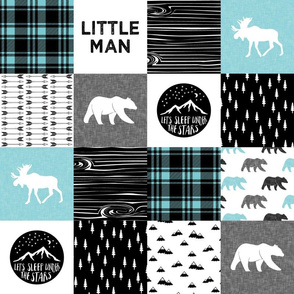 4" small scale - Little man & Happy Camper patchwork wholecloth ||black and teal