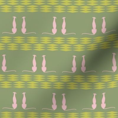  greyhounds in love, green, pink, yellow