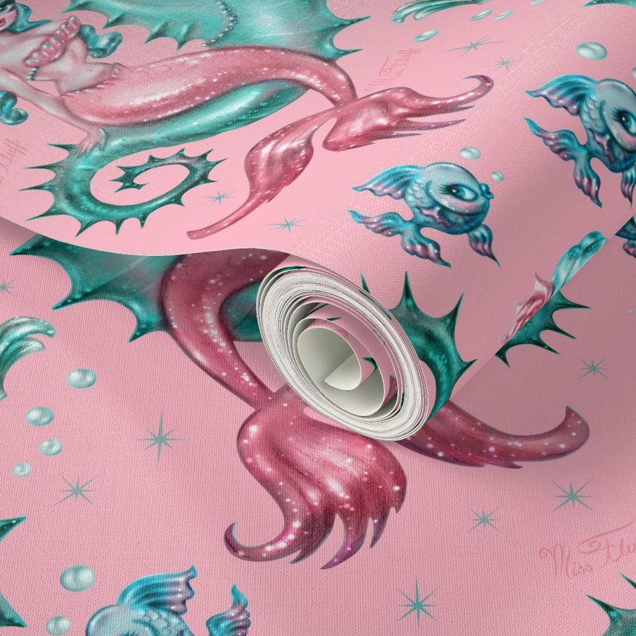 Mysterious Mermaid on Pink- SMALL