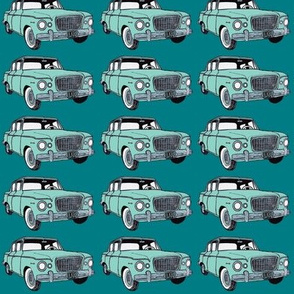 green_Studebaker Lark on teal in straight rows