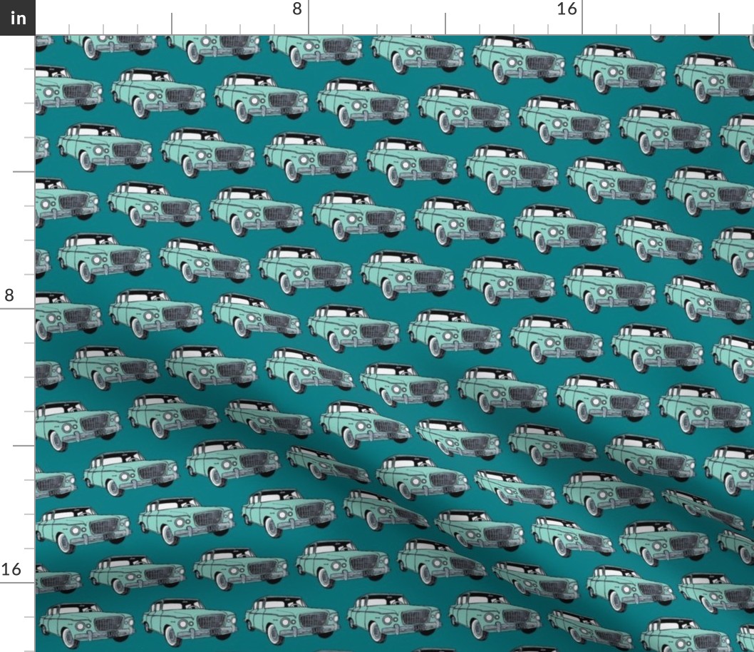 green Studebaker Lark on teal (diagonal rows)