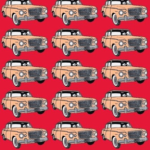 Salmon Studebaker Lark in straight rows on red background