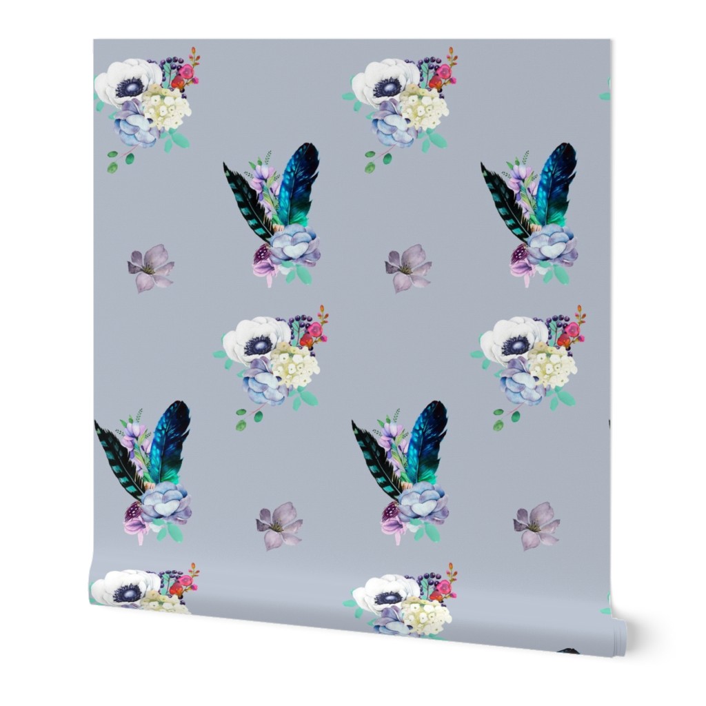 8" Teal & Lilac Florals / Dark Lilac Background