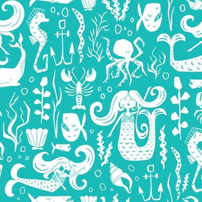 Under The Sea - Nautical Mermaid Aqua Blue