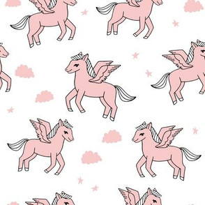 pegasus fabric // cute pegasus whimsical fantasy fabric for girls cute baby nursery design - pink and white