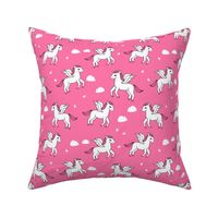 pegasus fabric // cute pegasus whimsical fantasy fabric for girls cute baby nursery design - bright pink