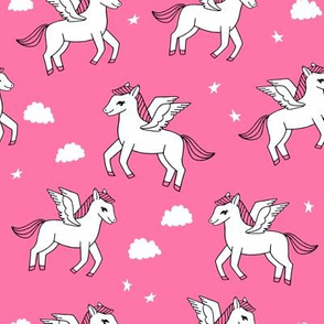 pegasus fabric // cute pegasus whimsical fantasy fabric for girls cute baby nursery design - bright pink