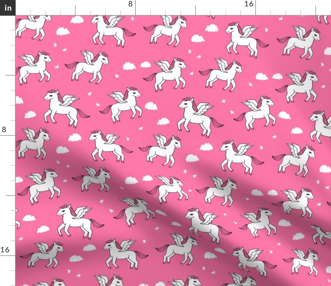 pegasus fabric // cute pegasus whimsical fantasy fabric for girls cute baby nursery design - bright pink