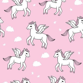 pegasus fabric // cute pegasus whimsical fantasy fabric for girls cute baby nursery design - bubblegum pink