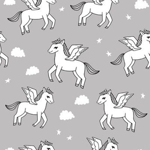 pegasus fabric // cute pegasus whimsical fantasy fabric for girls cute baby nursery design - grey