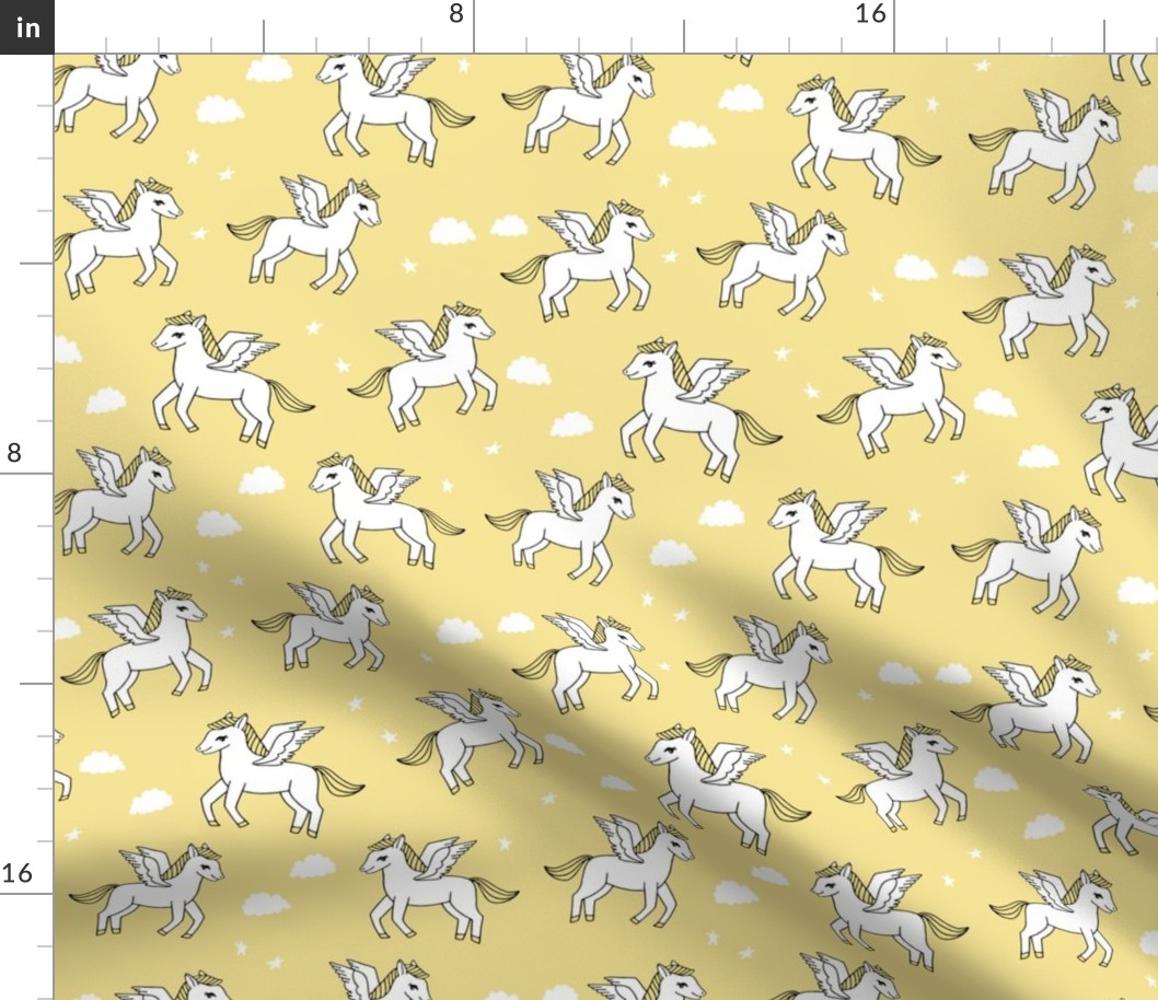 pegasus fabric // cute pegasus whimsical fantasy fabric for girls cute baby nursery design - light yellow