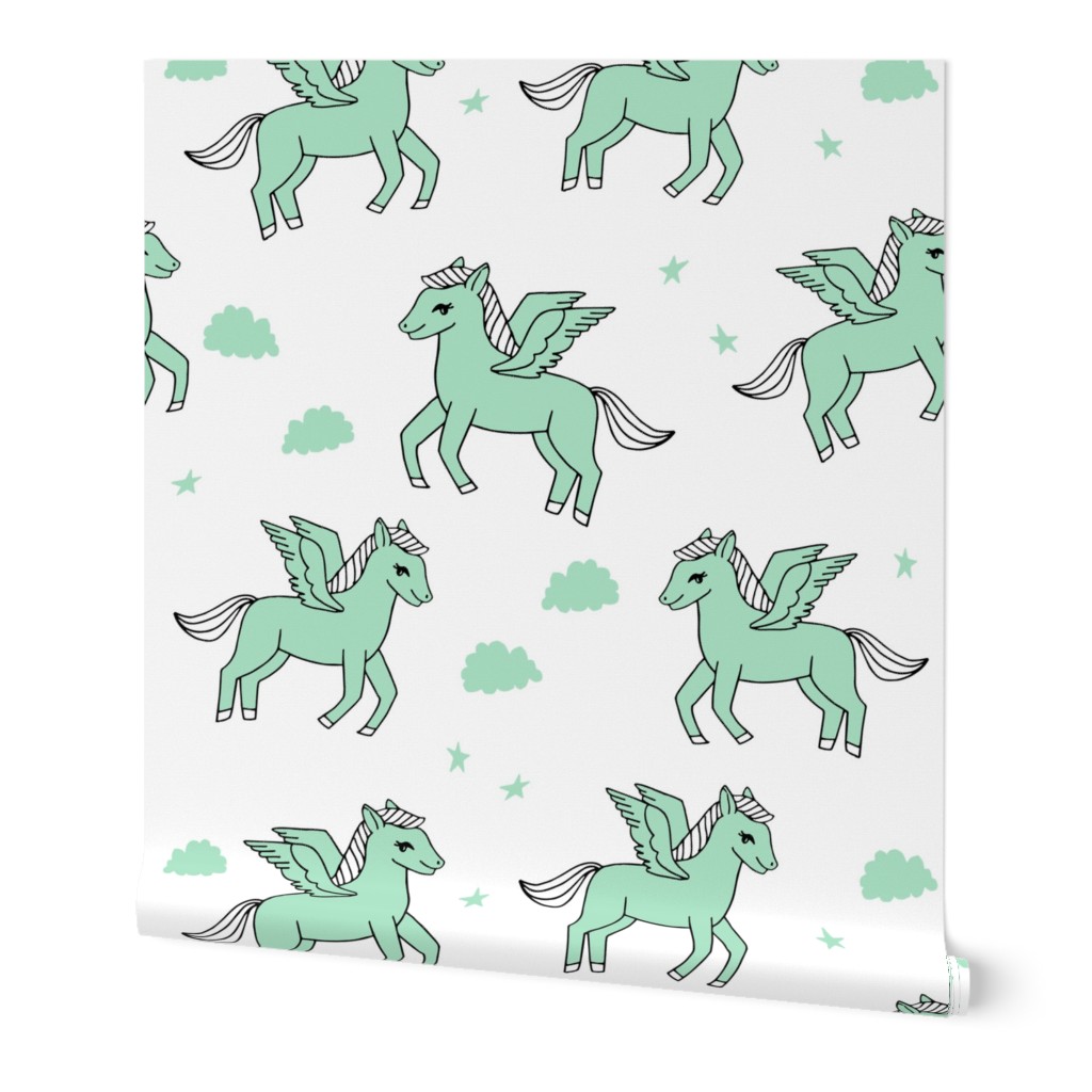 pegasus fabric // cute pegasus whimsical fantasy fabric for girls cute baby nursery design - mint and white