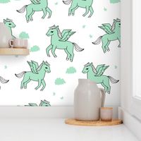 pegasus fabric // cute pegasus whimsical fantasy fabric for girls cute baby nursery design - mint and white