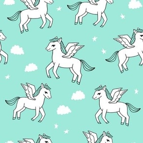 pegasus fabric // cute pegasus whimsical fantasy fabric for girls cute baby nursery design - bright mint