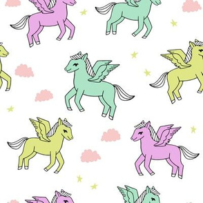 pegasus fabric // cute pegasus whimsical fantasy fabric for girls cute baby nursery design - pastels white