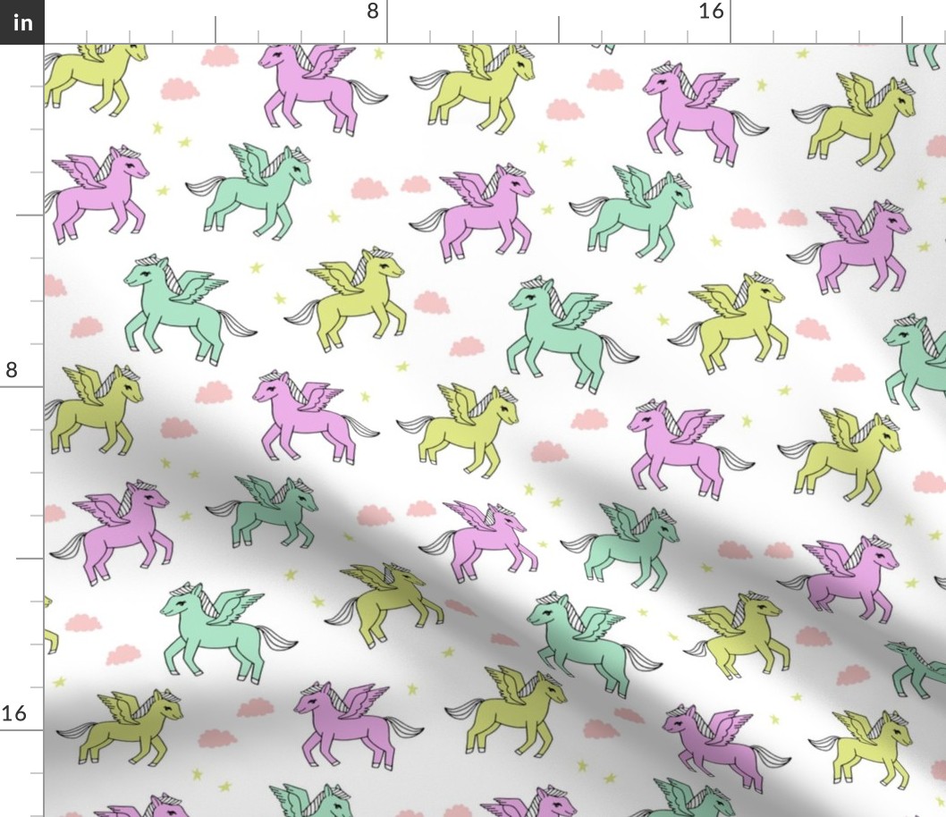 pegasus fabric // cute pegasus whimsical fantasy fabric for girls cute baby nursery design - pastels white