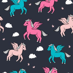 pegasus fabric // cute pegasus whimsical fantasy fabric for girls cute baby nursery design - dark