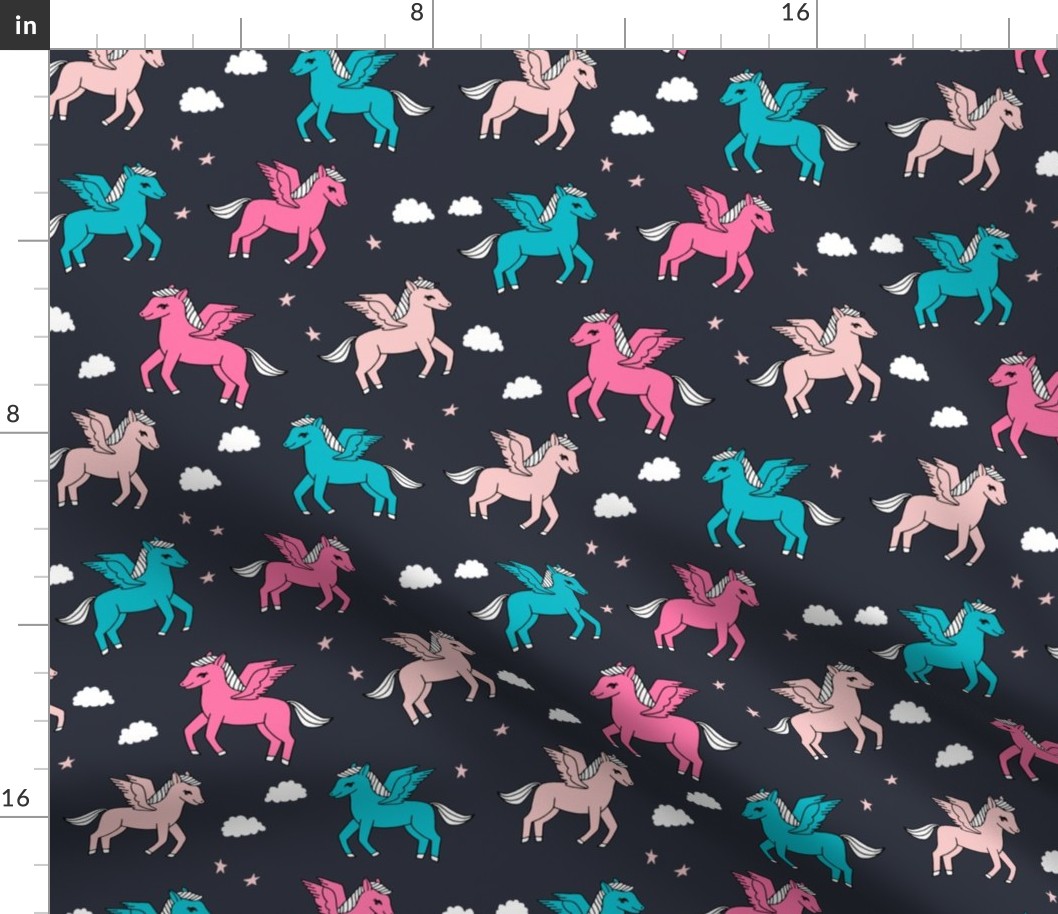 pegasus fabric // cute pegasus whimsical fantasy fabric for girls cute baby nursery design - dark