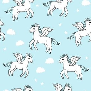 pegasus fabric // cute pegasus whimsical fantasy fabric for girls cute baby nursery design - sky blue