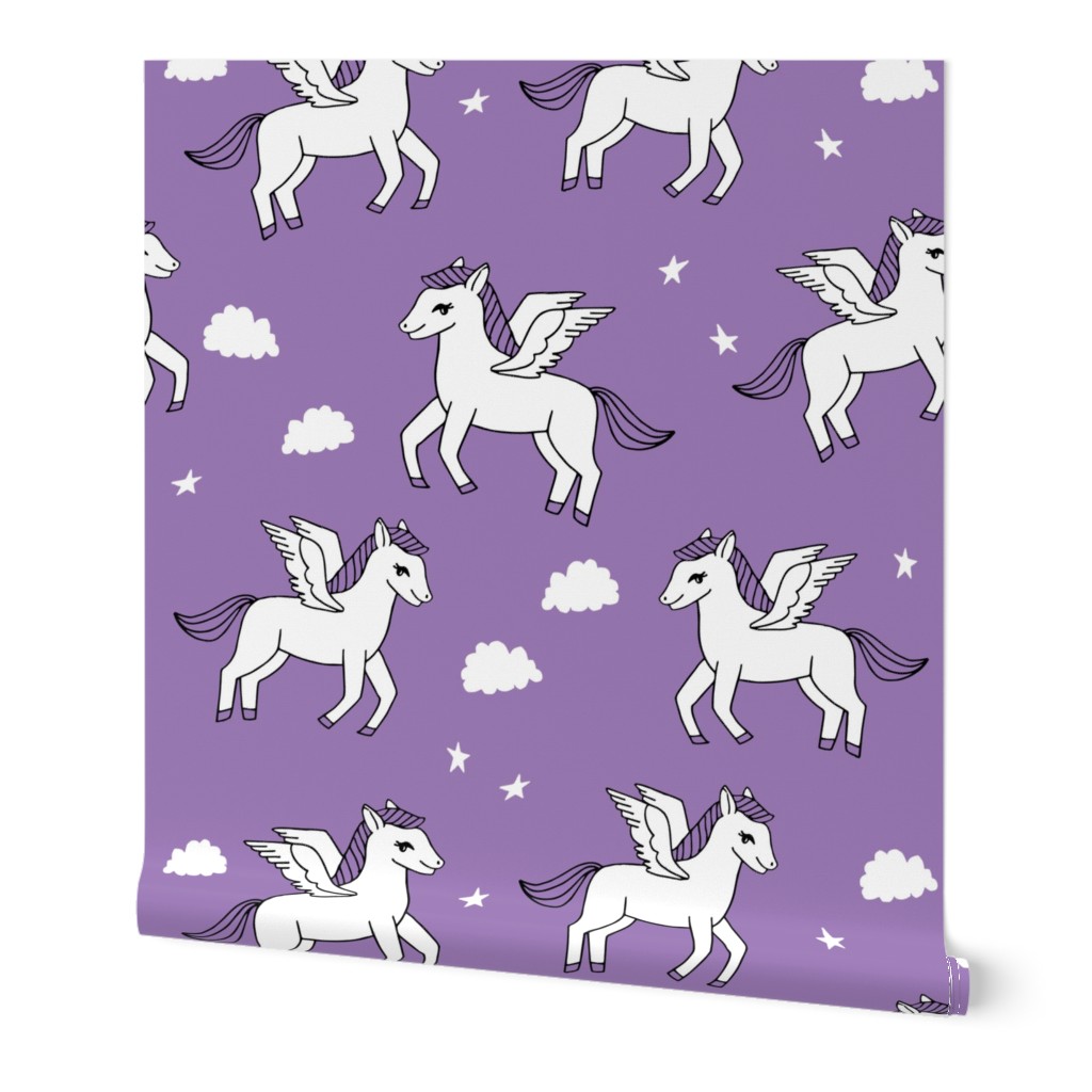 pegasus fabric // cute pegasus whimsical fantasy fabric for girls cute baby nursery design - purple