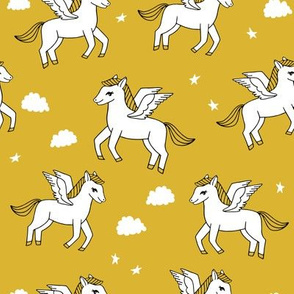 pegasus fabric // cute pegasus whimsical fantasy fabric for girls cute baby nursery design - mustard