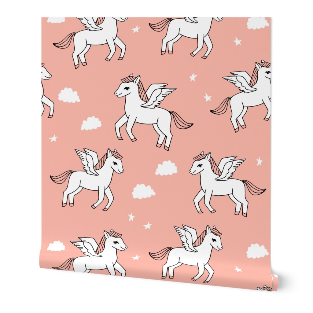 pegasus fabric // cute pegasus whimsical fantasy fabric for girls cute baby nursery design - peach