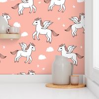 pegasus fabric // cute pegasus whimsical fantasy fabric for girls cute baby nursery design - peach