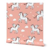 pegasus fabric // cute pegasus whimsical fantasy fabric for girls cute baby nursery design - peach