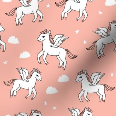 pegasus fabric // cute pegasus whimsical fantasy fabric for girls cute baby nursery design - peach