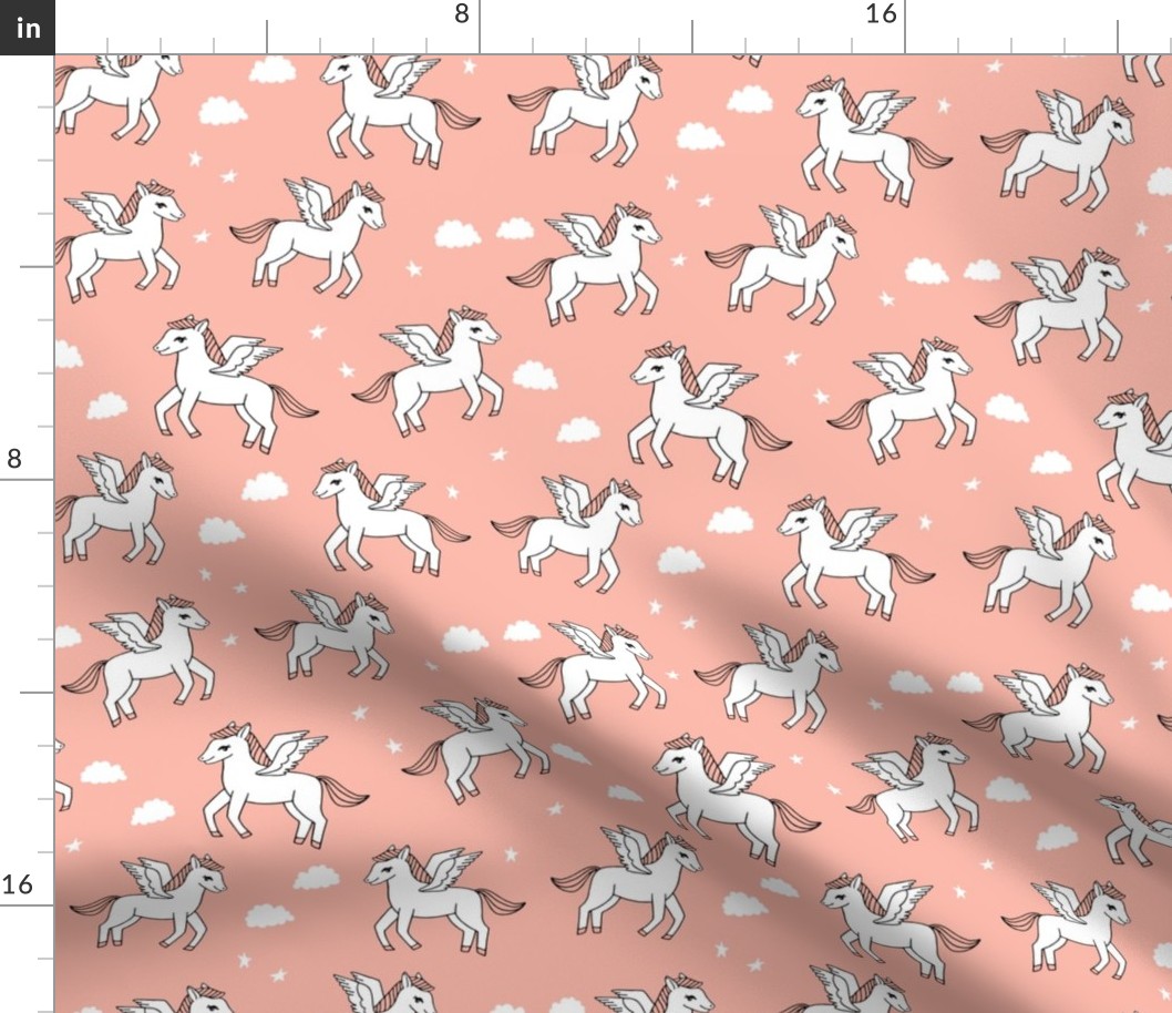 pegasus fabric // cute pegasus whimsical fantasy fabric for girls cute baby nursery design - peach