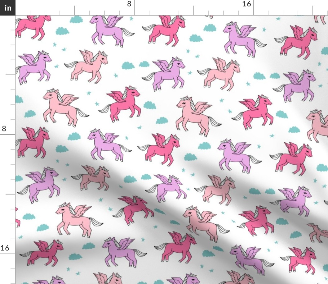 pegasus fabric // cute pegasus whimsical fantasy fabric for girls cute baby nursery design - pink and purple