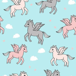 pegasus fabric // cute pegasus whimsical fantasy fabric for girls cute baby nursery design - pastel blue