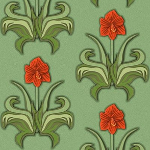 Cut Paper Art Nouveau Amaryllis Red with Green Leaves