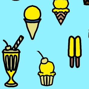 Large Yellow Ice Cream and Popsicles on Blue Frozen Treats
