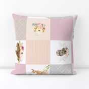 Girls Woodland Quilt Panel ROTATED - Baby Blanket, Bear Fox Deer Owl - Pastel Pink Blush + Gray - MIA Pattern D3