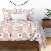 Girls Woodland Quilt Panel ROTATED - Baby Blanket, Bear Fox Deer Owl - Pastel Pink Blush + Gray - MIA Pattern D3