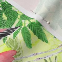 Watercolor Flamingos  with tropical, green palm leaves