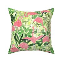 Watercolor Flamingos  with tropical, green palm leaves