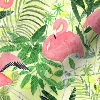 Watercolor Flamingos  with tropical, green palm leaves
