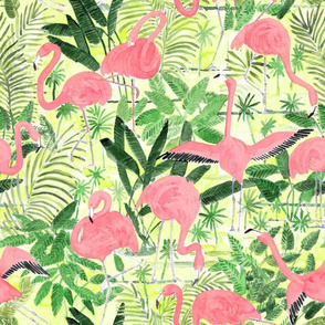 Watercolor Flamingos  with tropical, green palm leaves