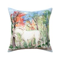 Watercolor Unicorn in Woods for Pillow