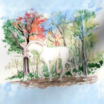 Watercolor Unicorn in Woods for quilt blocks