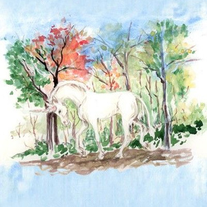 Watercolor Unicorn in Woods for quilt blocks