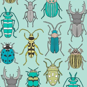 Beetles Insects Forest Bugs on Mint Green