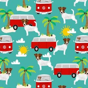 jack russell terrier fabric beach bus hippie palm trees design cute dogs - turquoise