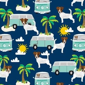 jack russell terrier fabric  palm trees design cute dogs - navy