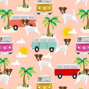 jack russell terrier fabric summer palm trees design cute dogs - blush